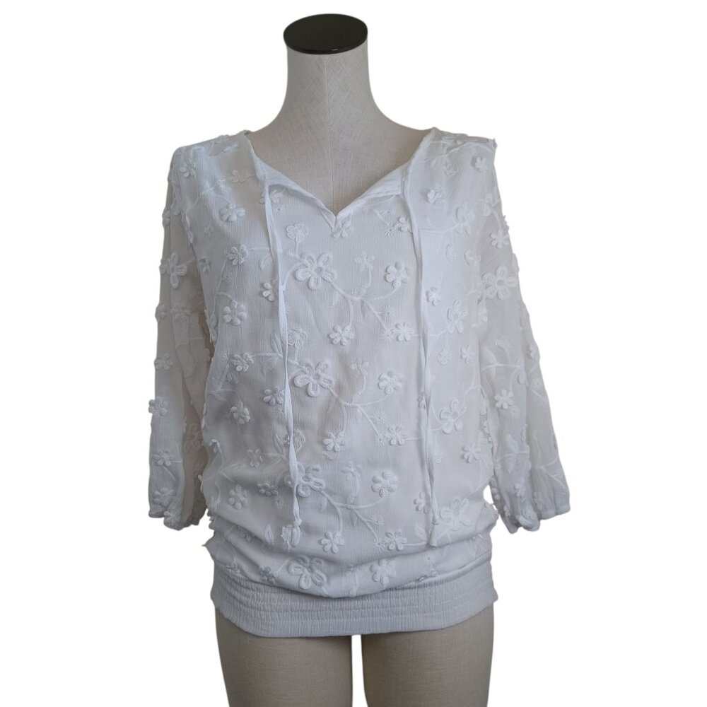Anneliese Top White Lace Floral Embroidered Peasant Blouse Womens Medium